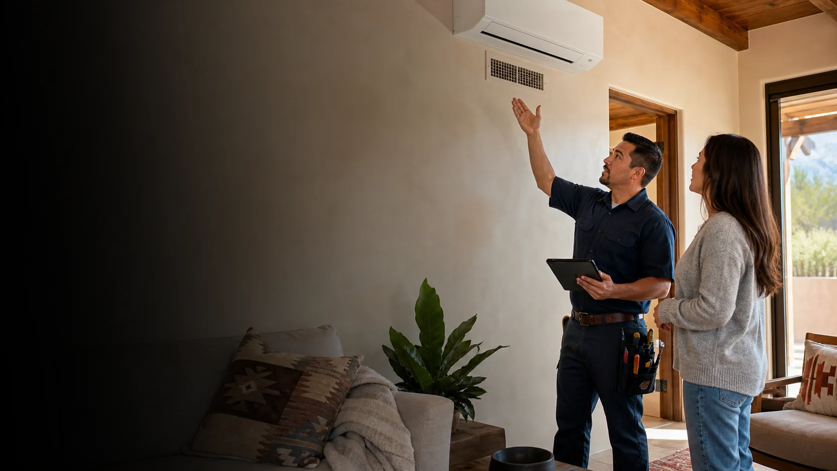 A James Plumbing and Heating technician reviewing a ductless HVAC system with a Santa Fe homeowner